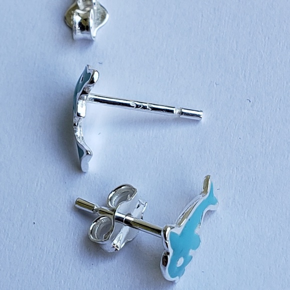 Dainty Sterling Silver Blue Enamel Dolphin Earring - Picture 4 of 7